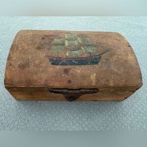 Vintage Wooden Treasure Box with Ship Design
